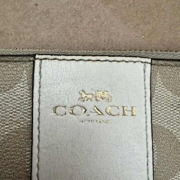 Coach Corner Zip Wristlet in Tan Signature Canvas & Cream Trim Wristlet 6” by 4” - Picture 2 of 6